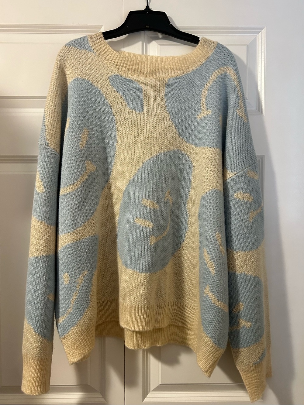 Altar'd State Cream & Light Blue Smiley Knit Crewneck
